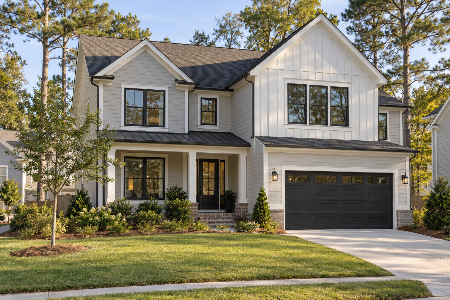 Traditional coastal-style home with a covered porch and landscaped yard